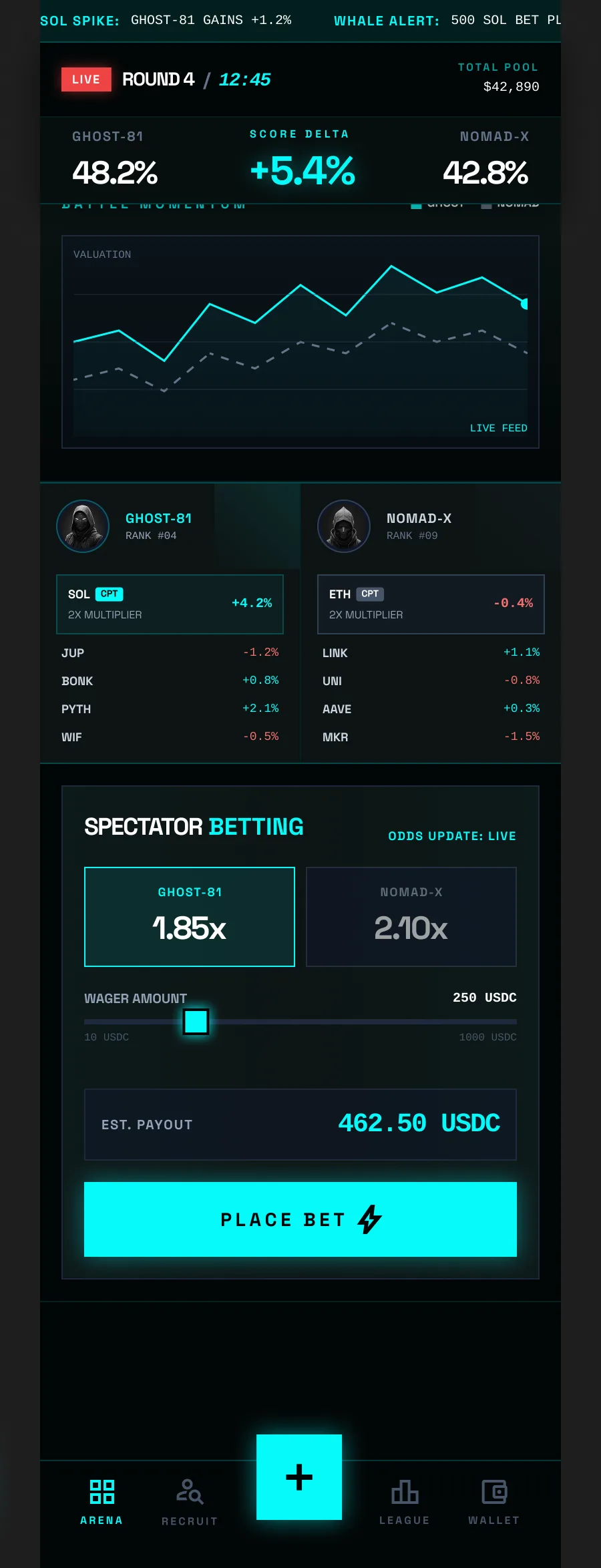 Drafts.fun live battle screen